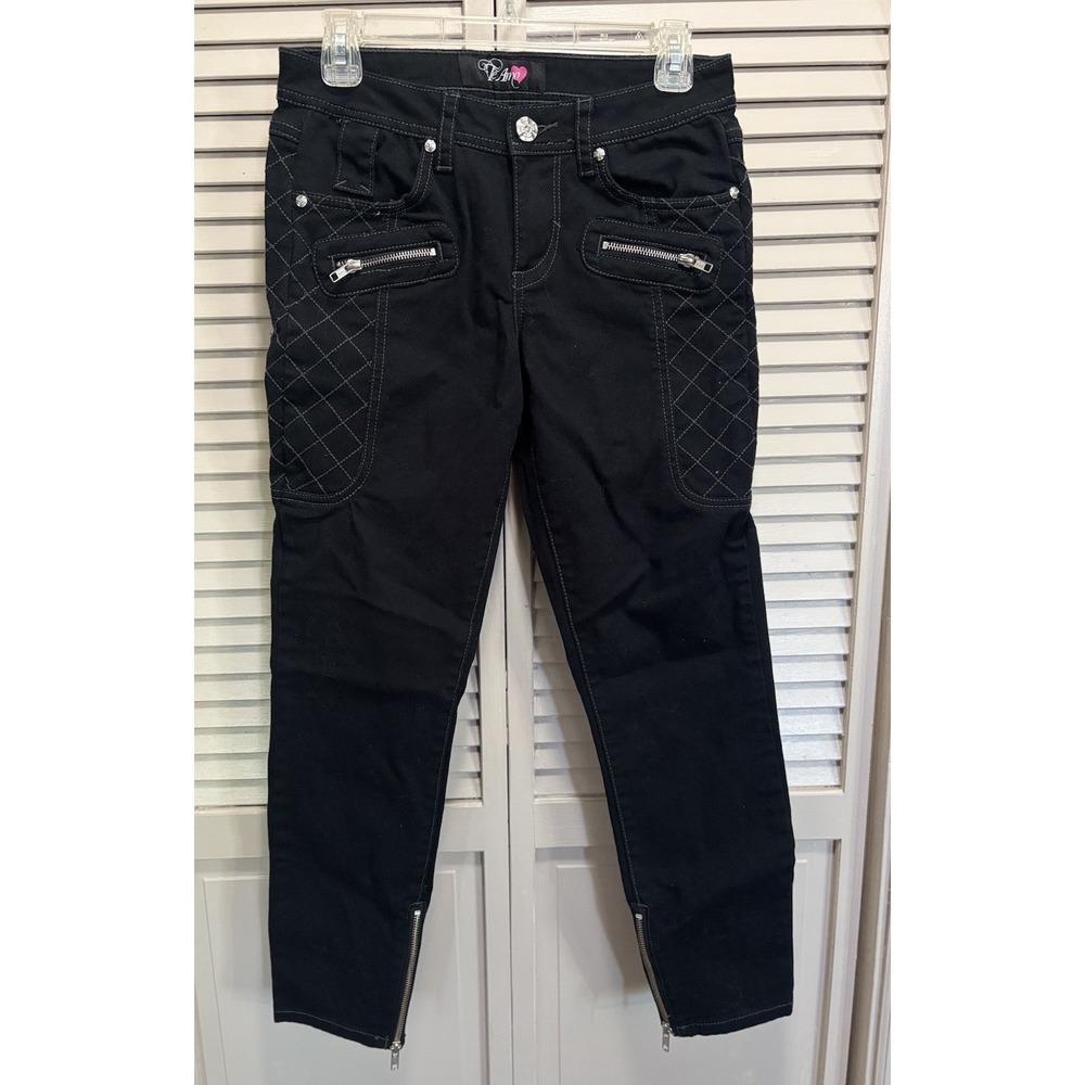 Te Amo Skinny‎ Leg Mid Rise Denim Black Jean Size 5 Pockets Quilt Zip Ankles